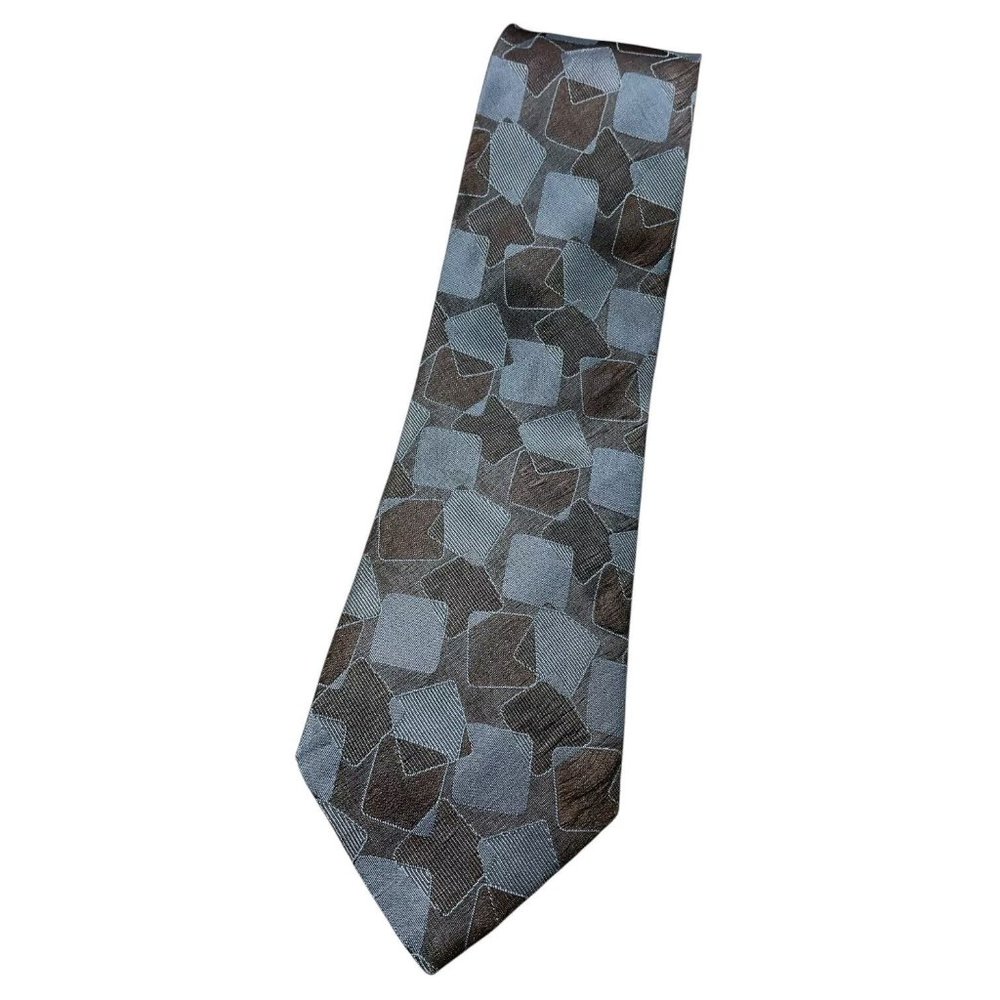 MONTANA Men's Silk Cotton Necktie LUXURY Tie Blue Brown Geometric Art W:3.8" EUC